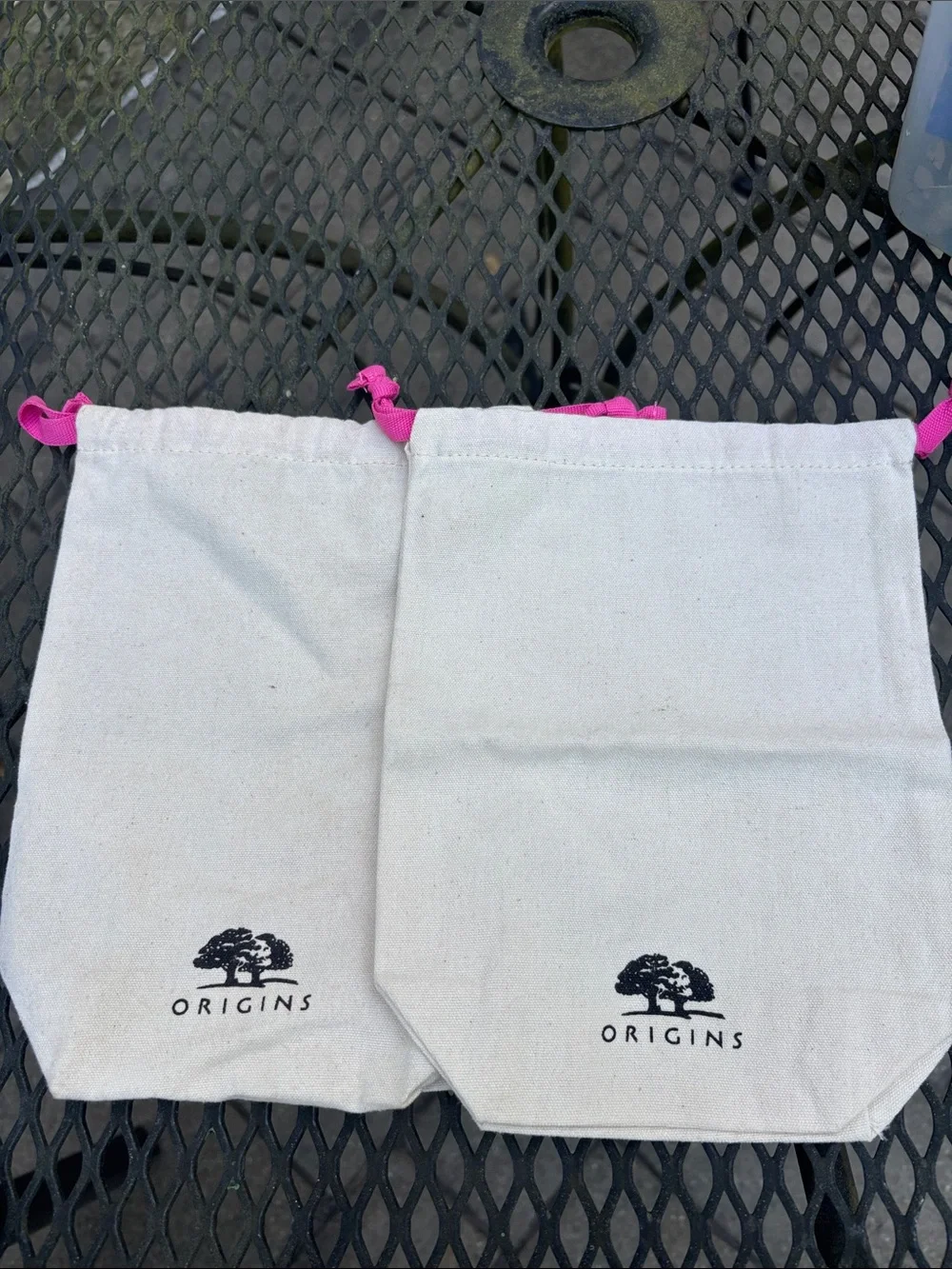 2-pc bundle Origins White Canvas Drawstring Pouches with Pink Ties (Pair)7×9 in